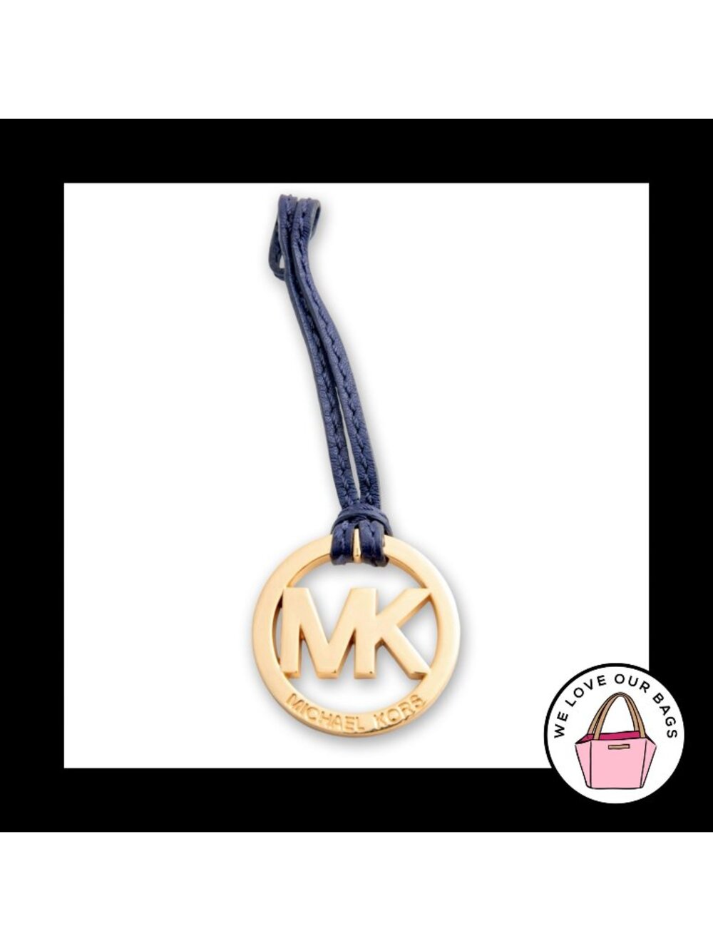 MICHAEL KORS Gold Brass Blue Leather Strap Bag Charm Hang Tag Keychain Fob
